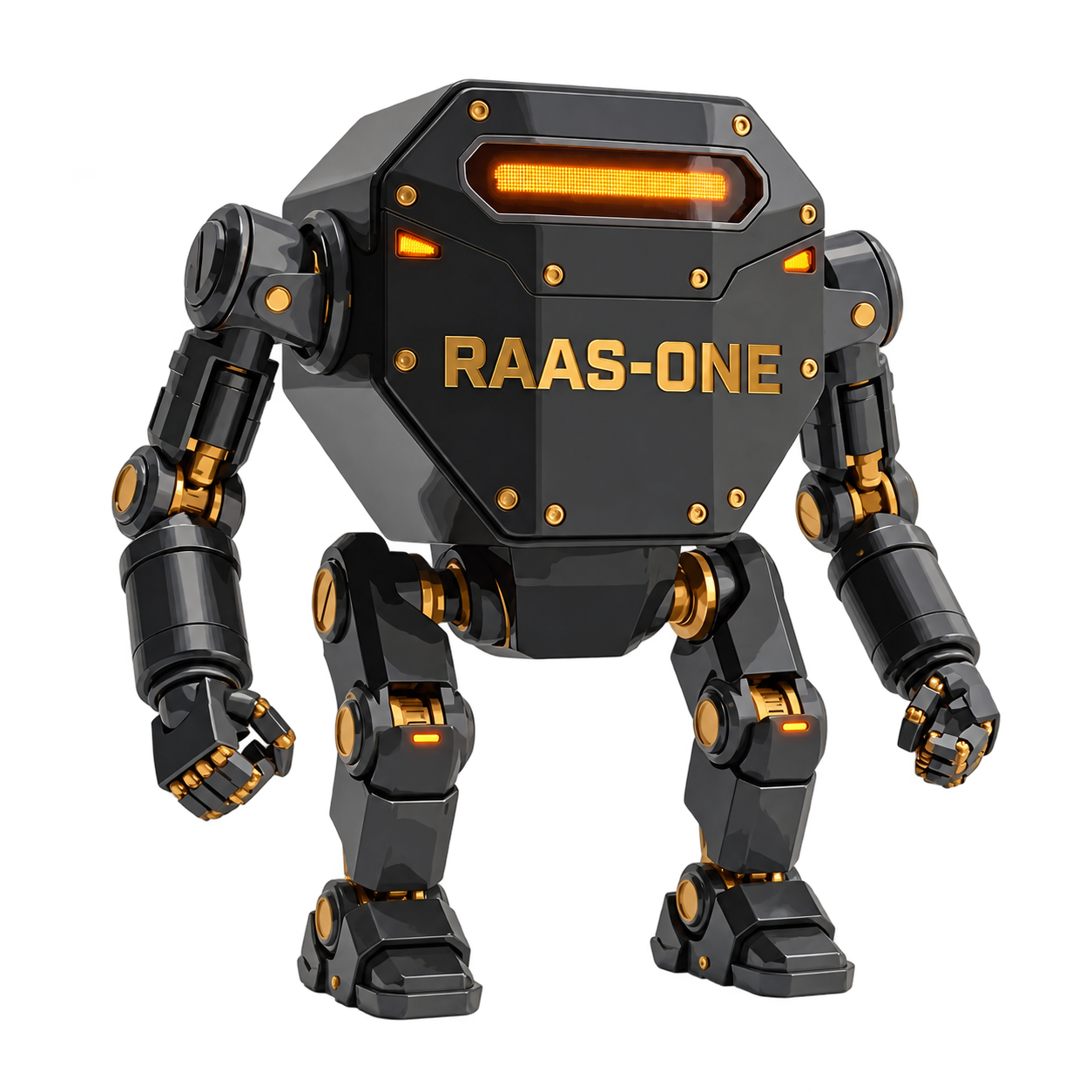 RAAS Stealth Gold, mascota negra y dorada con un visor luminoso
